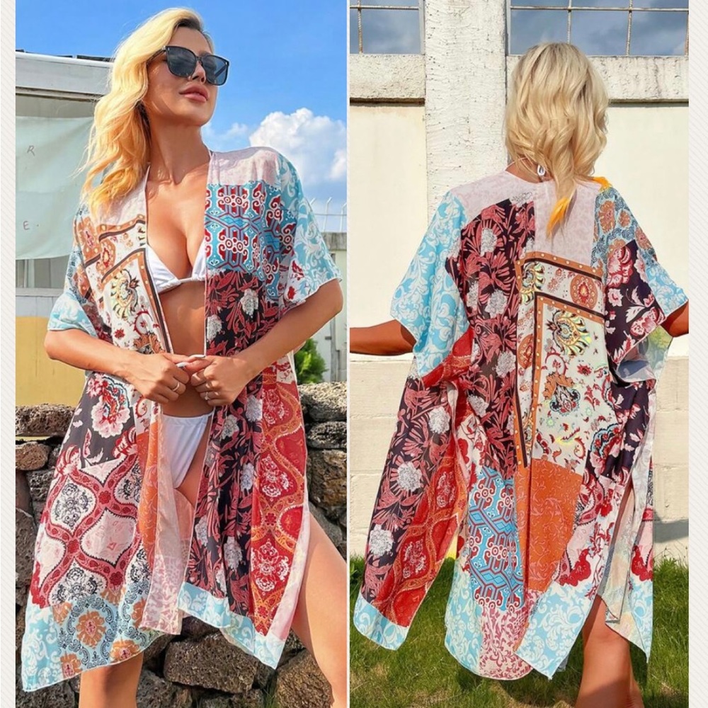 BOHO FLORAL ALLOVER PATCHWORK PRINT KIMONO SWIM COVERUP WRAP CARDIGAN TRIBAL